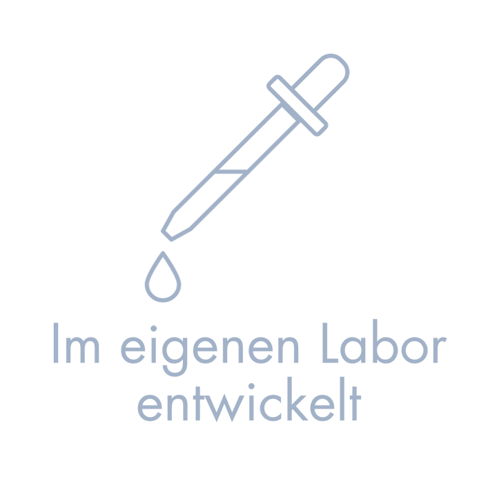 Ein blaues Icon mit einer Pipette und einem Tropfen mit Unterschrift im eigenen Labor entwickelt